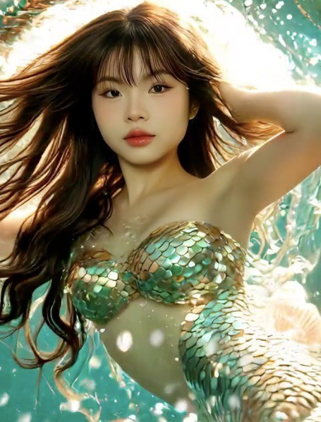 Không chỉ dừng lại ở ảnh tĩnh, trào lưu này thường xuất hiện dưới dạng video biến hình. Từ một cô gái bình thường, sau một hiệu ứng chuyển cảnh mượt mà, nhân vật sẽ xuất hiện với chiếc đuôi cá lấp lánh, mái tóc óng ánh và làn da phản chiếu ánh sáng dưới đại dương sâu thẳm.