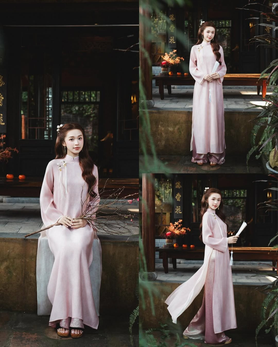 Cùng tông hồng làm chủ đạo nhưng phom dáng của thiết kế này được tinh chỉnh thanh thoát hơn. Phần tà áo rộng vừa phải phối cùng quần lụa bóng đồng điệu, giúp mỗi bước đi của Karty Chang trở nên uyển chuyển. (Ảnh: IGNV)