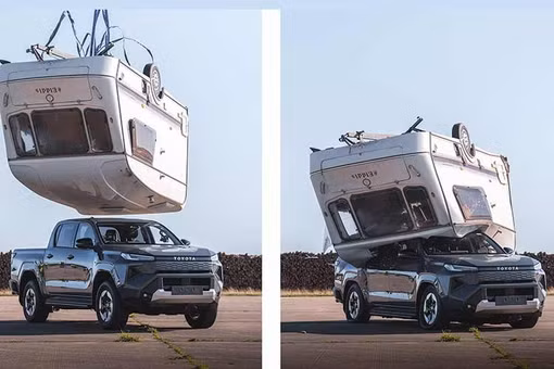 Toyota Hilux chạy điện bị xe caravan 760kg rơi trúng nóc vẫn an toàn