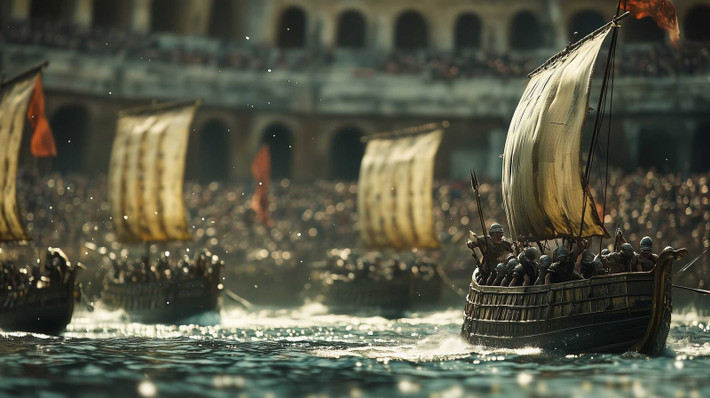 Julius Caesar và các chính khách cũng như người dân vô cùng thích thú khi theo dõi sự kiện. Họ reo hò, cổ vũ cho những người tham gia trận hải chiến được dàn dựng. Không ít người đã bị giết chết tàn bạo trong trận chiến. Ảnh: Midjourney.