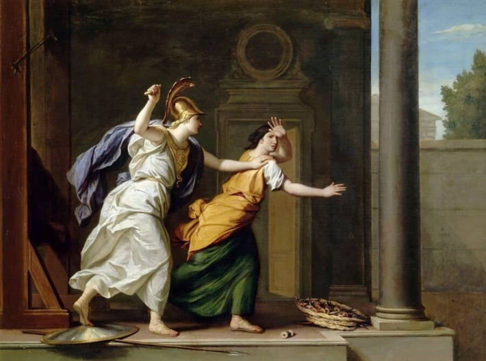 Tại đây, Athena cảnh cáo người thợ dệt vải Arachne liều lĩnh rằng phải cầu xin sự tha thứ từ nữ thần trí tuệ, nghề thủ công mỹ nghệ. Tuy nhiên, Arachne không hề có ý định xin tha thứ mà còn lớn tiếng thách thức rằng tại sao nữ thần Athena lại trốn tránh, không dám so tài. Ảnh: Public Domain.