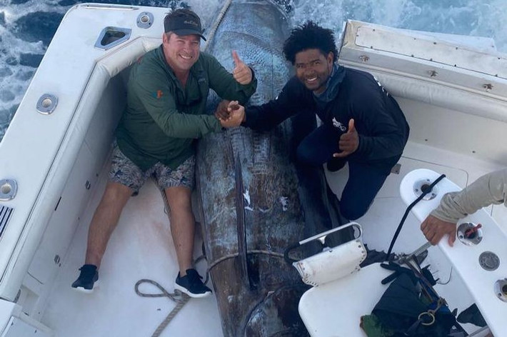 Tháng 5/2022, 3 ngư dân Nam Phi câu được một con cá cờ xanh (Blue Marlin) nặng 620 kg và dài 3,8m trong chuyến đi câu ở quần đảo Cape Verdes, Đại Tây Dương. Ảnh: Daily Star.