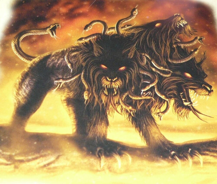 Tuy nhiên, Cerberus thỉnh thoảng không hoàn thành nhiệm vụ do bị dụ dỗ bằng thức ăn là thịt tươi. Theo đó, một số linh hồn có thể trốn thoát khỏi địa ngục. Do phạm lỗi nên chó 3 đầu này bị thần Hades trừng phạt. Ảnh: demonvampire.