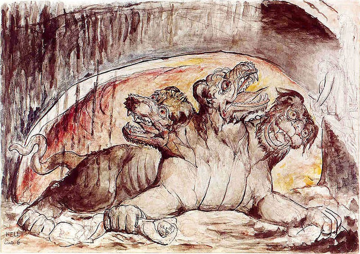 Phụng sự dưới trướng thần Hades quyền lực, Cerberus hết lòng phục vụ chủ nhân. Nó thường đi "tuần tra" dọc bờ sông Styx. Nguyên do là bởi dòng sông này là ranh giới giữa Trái đất và địa ngục. Ảnh: William Blake (1757-1827) PD-art-100.