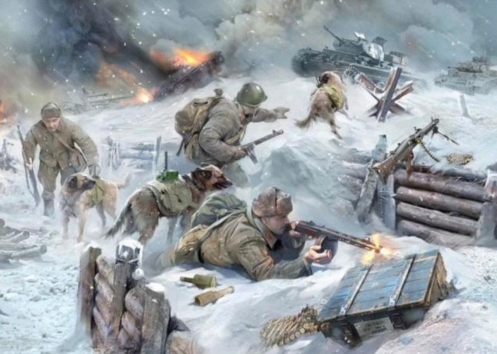 Trong cuộc Chiến tranh Vệ quốc (1941 - 1945), Hồng quân Liên Xô đã thành lập gần 170 trung đoàn và tiểu đoàn huấn luyện, sử dụng chó chiến đấu để bảo vệ tổ quốc trước cuộc tấn công xâm lược của Đức quốc xã. Ảnh: TASS.