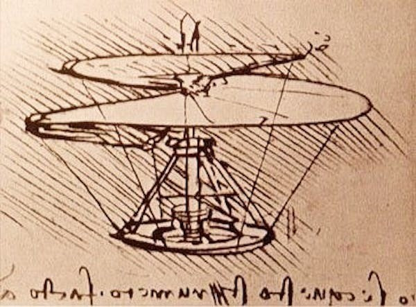 Trực thăng do da Vinci thiết kế có hình dáng tương tự vít Archimedes, máy bơm hình xoắn ốc vận chuyển nước khi quay. Nhà phát minh nổi tiếng thời Phục hưng này đã hình dung mẫu trực thăng hoạt động nhờ sức người, khiến việc cất cánh trở nên khó khăn do trọng lượng. Tuy nhiên, với động cơ điện nhẹ làm quay rotor, nó có thể thực sự cất cánh trên bầu trời. Ảnh: Wikimedia Commons.