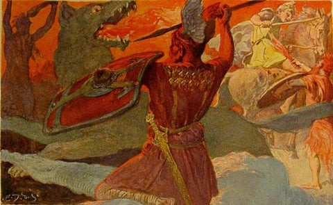 Ban đầu, thần Tyr trói sói Fenrir bằng những sợi xích thần nhưng chỉ được một thời gian thì nó phá tan xiềng xích. Do đó, về sau, các vị thần nhờ sơn thần rèn ra một loại xích không thể phá hủy. Ảnh: Emil Doepler.