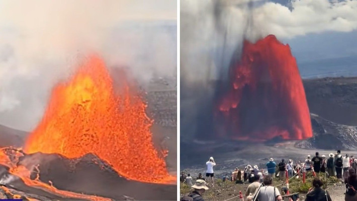 Theo Cơ quan Khảo sát Địa chất Hoa Kỳ, núi lửa Kilauea ở Hawaii đã phun trào dữ dội trong tuần này. Kilauea phun trào dung nham cao tới 152m tính từ miệng núi lửa. Đợt phun trào kết thúc vào khoảng 8h tối giờ địa phương ngày 2/9. Ảnh: YouTube/TikTok.