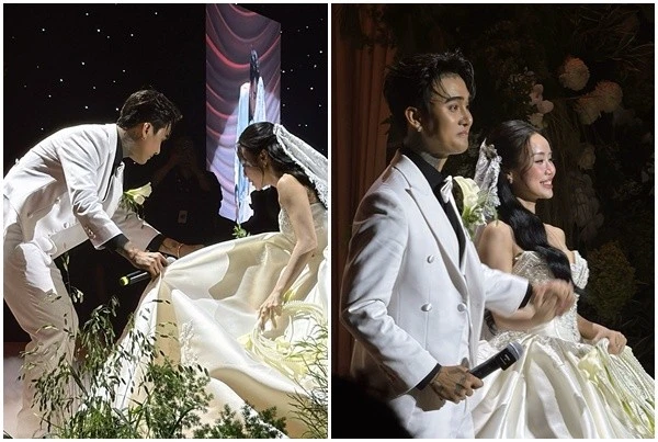 Đạt G ân cần chăm sóc Bảo Ngọc trong đám cưới