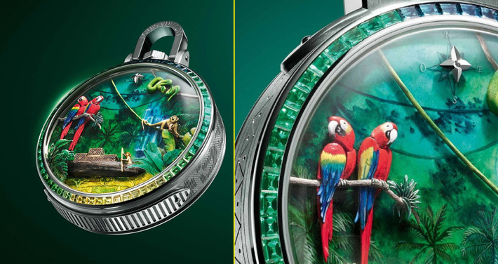 Louis Vuitton vừa giới thiệu 3 sáng tạo mới trong bộ sưu tập đồng hồ cao cấp High Watchmaking, có giá theo yêu cầu. Ấn tượng nhất là Escale en Amazonie, đồng hồ bỏ túi tích hợp tourbillon và điểm chuông phút, với mặt số khảm men mô phỏng khu rừng Amazon. Thiết kế tái hiện 15 chuyển động cơ học khác nhau, sử dụng bộ máy LFT AU14.03 gồm 555 chi tiết và cần tới 1.000 giờ chế tác thủ công.