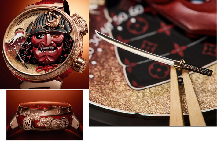 Tambour Bushido Automata (bên trái) lấy cảm hứng từ tinh thần võ sĩ đạo Nhật Bản, tích hợp 5 hoạt cảnh cơ học diễn ra trong vòng 16 giây. Mặt nạ Samurai trên mặt số thay đổi biểu cảm, thanh katana đóng vai trò kim phút và mặt trời đỏ biểu thị mức năng lượng.