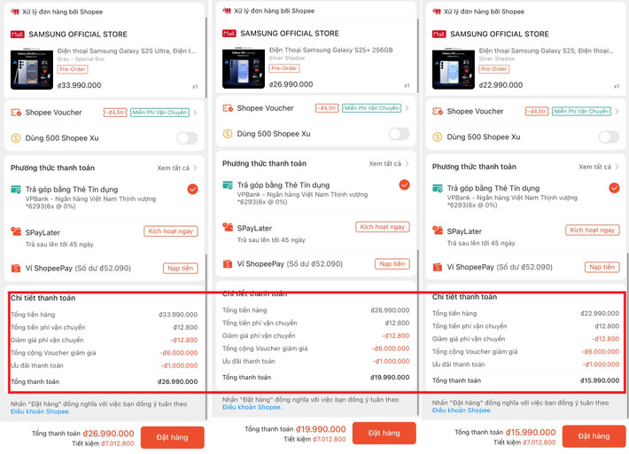 Bất ngờ lớn nhất tại sự kiện Galaxy Unpacked 2025 chính là chương trình giảm giá "sập sàn" áp dụng cho cả ba phiên bản Galaxy S25 Series. Khi mua sắm trên các sàn thương mại điện tử Shopee và Lazada, người dùng có thể sở hữu Galaxy S25 với giá chỉ 15,99 triệu đồng, trong khi Galaxy S25 Ultra phiên bản tiêu chuẩn giảm còn 25,5 triệu đồng.