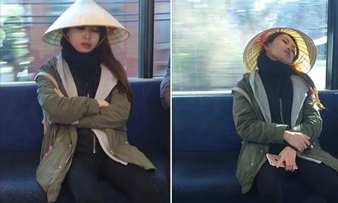 Cô gái đội nón lá ngủ gật trên tàu tại Nhật gây sốt