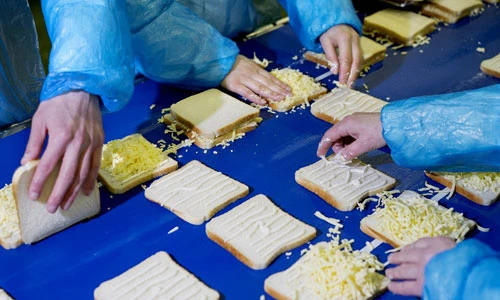 “Chộp” cảnh hàng nghìn công nhân dùng tay trần làm bánh sandwich