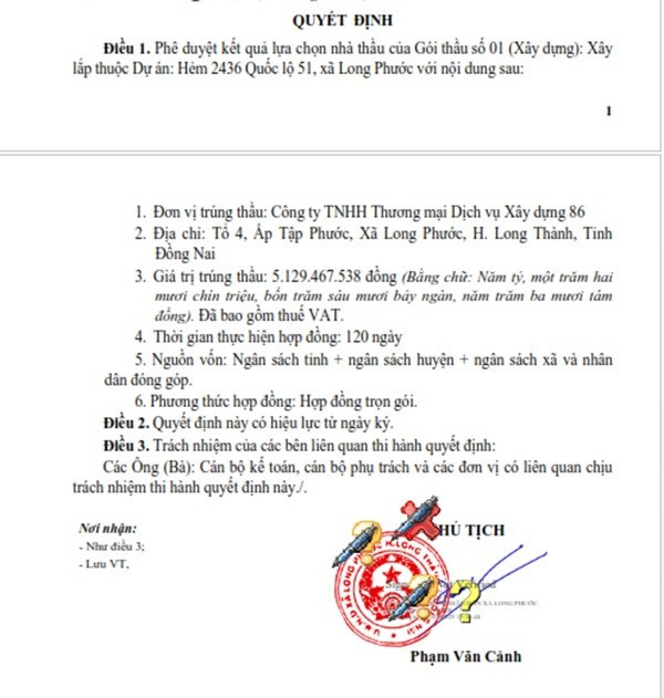 Một phần trong quyết định phê duyệt KQLCNT gói thầu số 01 (xây dựng): Xây lắp, thuộc dự án Hẻm 2436 Quốc lộ 51, xã Long Phước. (Nguồn: MSC) longphuoc-1.jpg