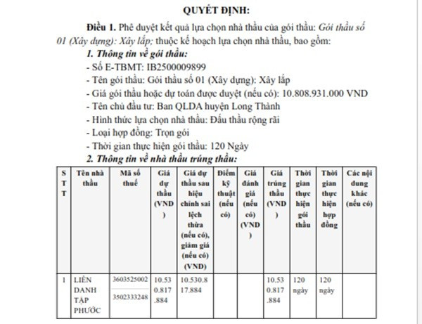 Một phần trong quyết định phê duyệt KQLCNT Gói thầu số 01 (Xây dựng): Xây lắp, thuộc dự án Duy tu, sửa chữa tuyến đường ấp Tập Phước, thuộc khu 3, ấp Tập Phước, xã Long Phước (cũ). (Nguồn: MSC) longphuoc-3.jpg
