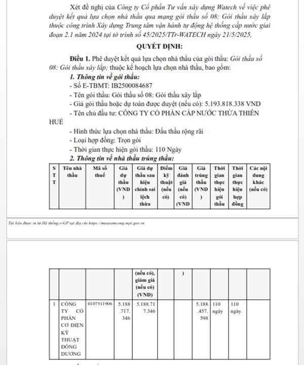 Một phần trong Quyết định phê duyệt KQLCNT gói thầu số 08: Gói thầu xây lắp, thuộc dự án Xây dựng Trung tâm Vận hành tự động hệ thống cấp nước giai đoạn 2.1 năm 2024. (Nguồn: MSC) hue-1.jpg