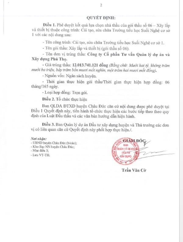 Một phần trong quyết định phê duyệt KQLCNT Gói thầu xây lắp và thiết bị, thuộc dự án Cải tạo, sửa chữa Trường tiểu học Suối Nghệ cơ sở 1. (Nguồn: MSC) quangthanh-3.jpg