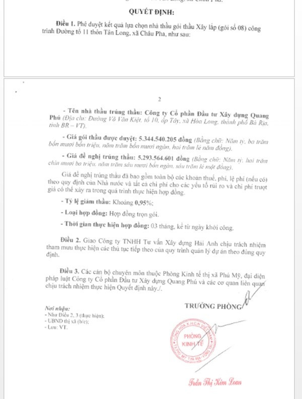 Một phần trong quyết định phê duyệt KQLCNT Gói thầu xây lắp, thuộc dự án Đường tổ 11 thôn Tân Long, xã Châu Pha. (Nguồn: MSC) quangthanh-5.jpg