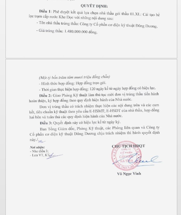 Một phần trong Quyết định phê duyệt KQLCNT Gói thầu 01.xL: Thi công công trình Cải tạo bể lọc trạm cấp nước Khe Dọc. (Nguồn MSC) hue-3.jpg