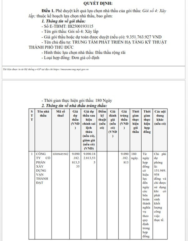 Một phần trong quyết định phê duyệt KQLCNT gói số 4: Xây lắp, thuộc dự án Nâng cấp, cải tạo đường Hồng Đức, phường Bình Thọ. (Nguồn: MSC) binhtho-1.jpg