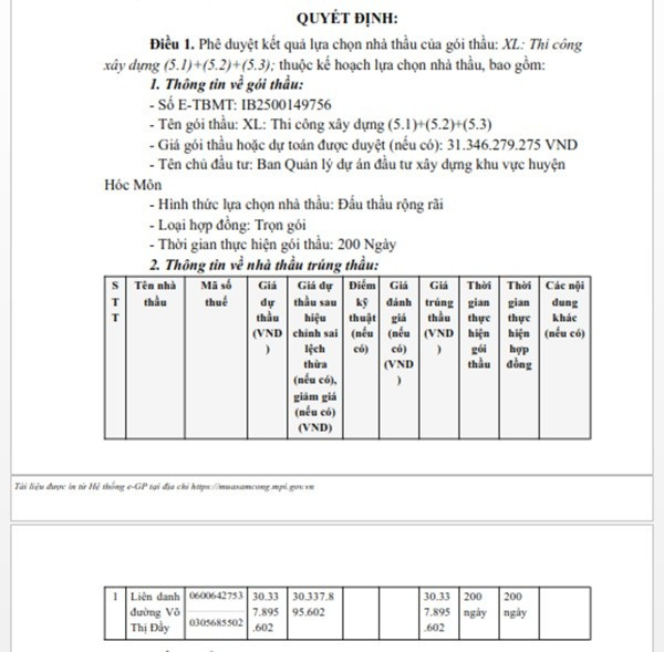 Một phần trong quyết định phê duyệt KQLCNT Gói thầu XL: Thi công xây dựng (5.1)+(5.2)+(5.3), thuộc dự án Nâng cấp, sửa chữa đường Võ Thị Đầy. (Nguồn: MSC) binhtho-2.jpg