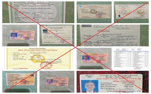 Một số phôi, ảnh các đối tượng đã sử dụng, in ấn thành phẩm. Ảnh: CA giay-to-gia-4.jpg
