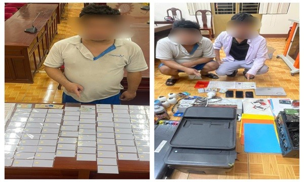 Đối tượng B, H cùng phương tiện, thiết bị để làm giả giấy tờ. Ảnh: CA giay-to-gia-2.jpg