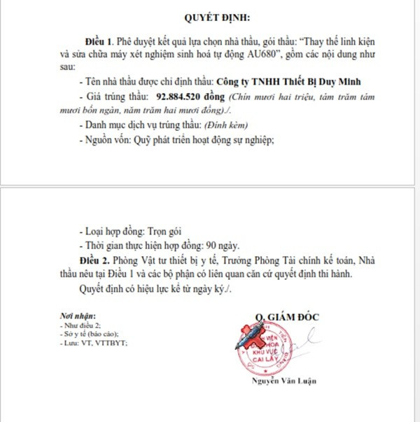 Một phần trong quyết định phê duyệt KQLCNT Gói thầu Thay thế linh kiện và sửa chữa máy xét nghiệm sinh hoá tự động AU680. (Nguồn: MSC) bvbinhphuoc-3.jpg