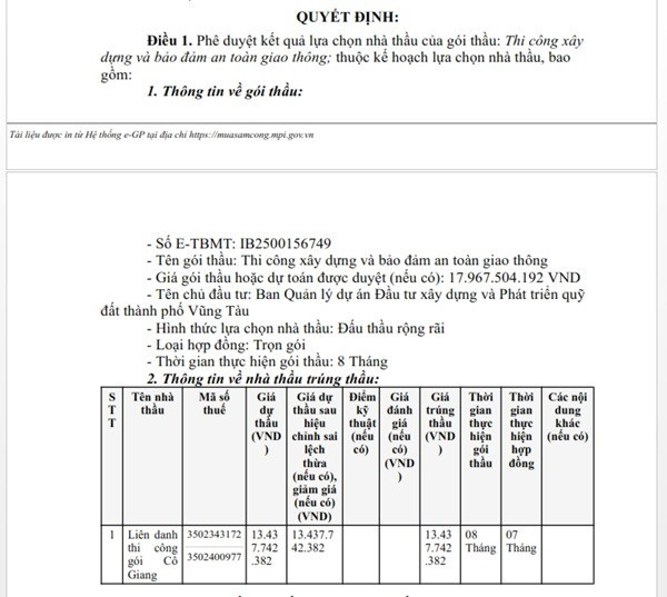 Một phần trong Quyết định phê duyệt KQLCNT gói thầu Thi công xây dựng và bảo đảm an toàn giao thông, thuộc dự án Cải tạo, nâng cấp đường Cô Giang, phường 4. (Nguồn: MSC) anh-1.jpg