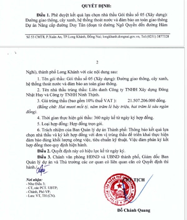 Một phần trong quyết định phê duyệt KQLCNT Gói thầu số 05 (xây dựng): Đường giao thông, cây xanh, hệ thống thoát nước và đảm bảo an toàn giao thông, thuộc dự án Nâng cấp tuyến đường Duy Tân (đoạn từ đường Ngô Quyền đến đường Hàm Nghi), TP Long Khánh. (Nguồn: MSC) longkhanh-3.jpg