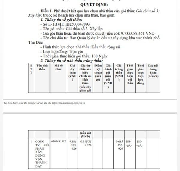 Một phần trong quyết định phê duyệt KQLCNT Gói thầu số 3: Xây lắp, thuộc dự án Nâng cấp Đường số 38, một phần Hẻm 107, một phần Hẻm 107/6, Hẻm 117 Đường số 38, khu phố 8, phường Hiệp Bình Chánh. (Nguồn: MSC) binhtho-3.jpg