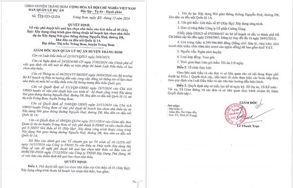 Quyết định phê duyệt KQLCNT Gói thầu số 05 (Xây lắp): Xây dựng công trình, thuộc dự án Xây dựng Nút giao thông đường Nguyễn Huệ, đường D8, khu dân cư đấu nối Quốc lộ 1A. (Nguồn: MSC) trangbom-3.jpg