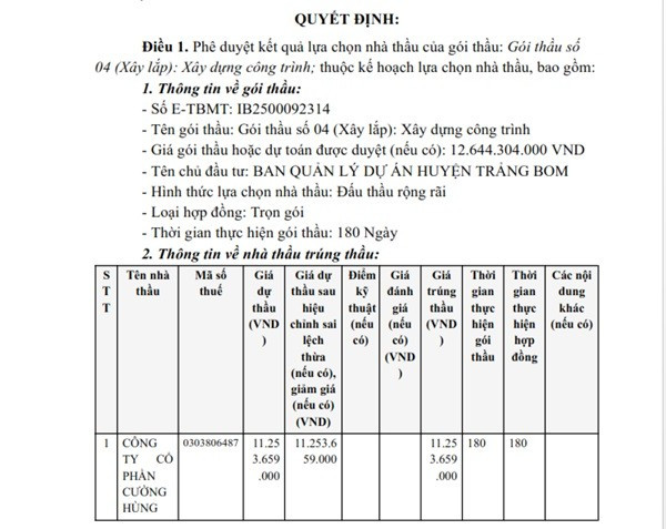 Một phần trong quyết định phê duyệt KQLCNT Gói thầu số 04 (Xây lắp): Xây dựng công trình, thuộc dự án Cải tạo, nâng cấp các tuyến đường GTNT ấp Tân Hưng. (Nguồn: MSC) trangbom-2.jpg