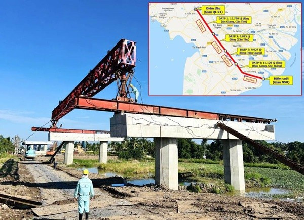 Về tiến độ thi công, đến nay, các dự án thành phần đã đạt 44% khối lượng. Ảnh: Thúy Hà cao-toc-can-tho-2.jpg