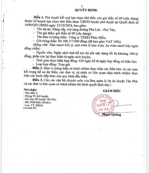 Một phần trong quyết định phê duyệt KQLCNT Gói thầu số 09 (xây dựng), thuộc dự án Nâng cấp, mở rộng đường Phú Lộc – Phú Tân. (Nguồn: MSC) trangbom-6.jpg