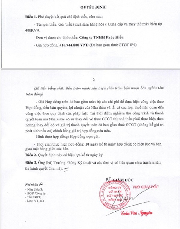 Một phần trong quyết định phê duyệt KQLCNT Gói thầu (mua sắm hàng hóa): Cung cấp và thay thế máy biến áp 400KVA, thuộc dự toán mua sắm Cung cấp và thay thế máy biến áp 400KVA bị sự cố tại trạm bơm tăng áp 1. (Nguồn: MSC) trangbom-7.jpg