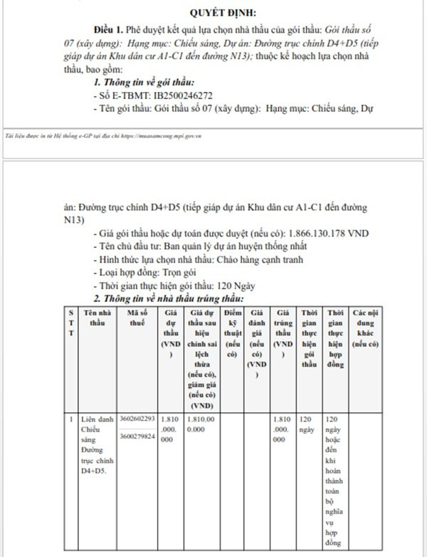 Một phần trong quyết định phê duyệt KQLCNT gói thầu số 07 (xây dựng): Hạng mục: Chiếu sáng, thuộc dự án Đường trục chính D4+D5 (tiếp giáp dự án Khu dân cư A1 - C1 đến đường N13). (Nguồn: MSC) thongnhat-1.jpg