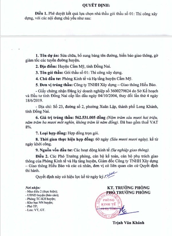 Một phần trong quyết định phê duyệt KQLCNT Gói thầu số 01: Thi công xây dựng, thuộc dự án Dự án Sửa chữa, bổ sung bảng tên đường, biển báo giao thông, gờ giảm tốc các tuyến đường huyện. (Nguồn: MSC) thongnhat-5.jpg