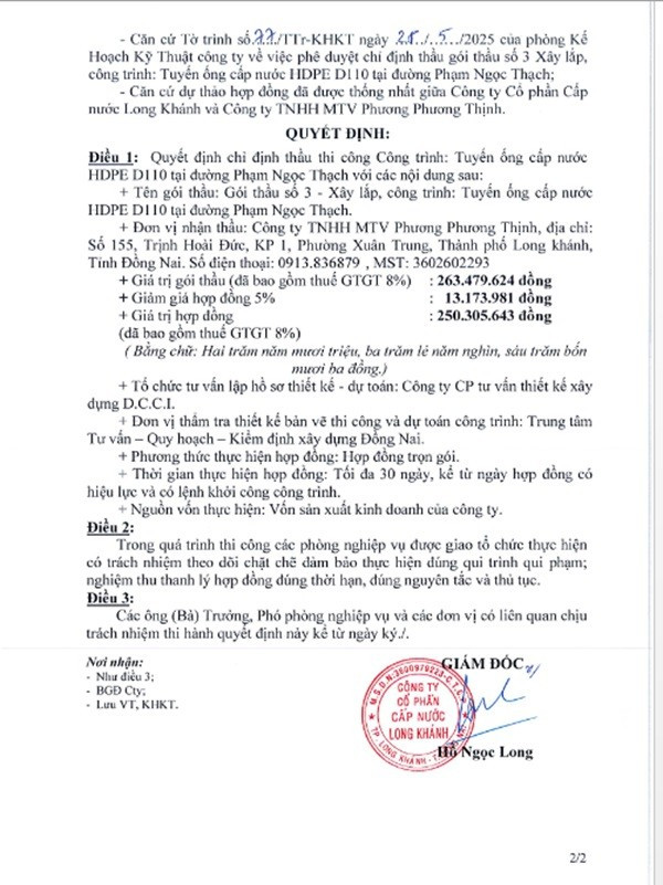 Một phần trong quyết định phê duyệt KQLCNT Gói thầu số 3: Thi công xây dựng công trình, thuộc dự án Tuyến ống cấp nước HDPE D110 tại đường Phạm Ngọc Thạch. (Nguồn: MSC) thongnhat-2.jpg