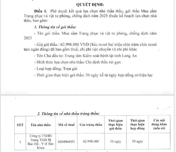 Một phần trong quyết định phê duyệt KQLCNT Gói thầu Mua sắm Trang phục và vật tư phòng, chống dịch năm 2025. (Nguồn: MSC) tudong-3.jpg