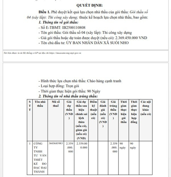 Một phần trong Quyết định phê duyệt KQLCNT gói thầu số 04 (xây lắp): Thi công xây dựng, thuộc dự án Đường tổ 2, tổ 3 ấp 5, xã Suối Nho. (Nguồn: MSC) daithanh-3.jpg