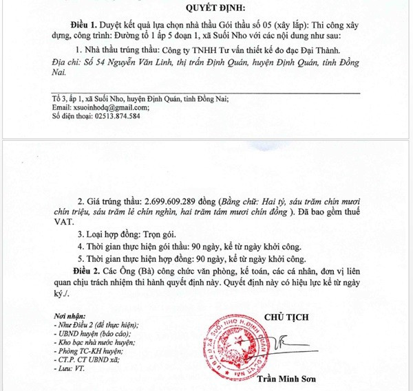 Một phần trong Quyết định phê duyệt KQLCNT Gói thầu số 05 (Xây lắp) Thi công xây dựng, thuộc dự án Đường tổ 1 ấp 5 đoạn 1, xã Suối Nho. (Nguồn: MSC) daithanh-4.jpg
