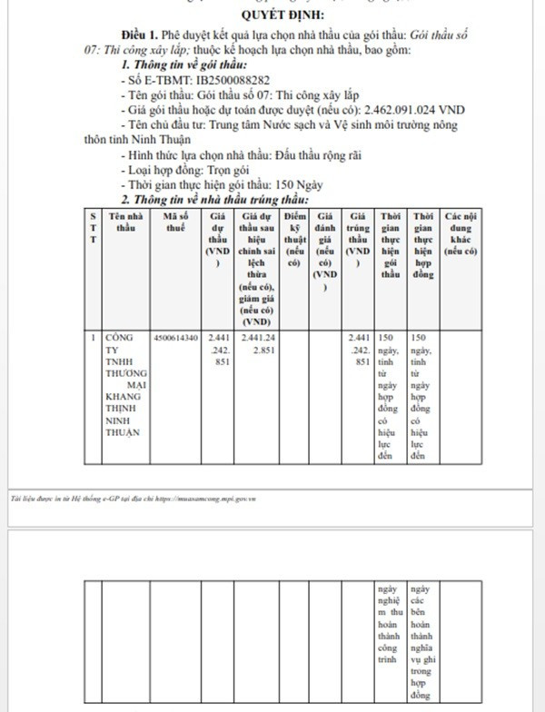 Một phần trong Quyết định phê duyệt KQLCNT Gói thầu số 07: Thi công xây lắp, thuộc dự án Sửa chữa Khu xử lý và mở rộng mạng đường ống cấp nước hệ thống cấp nước Phước Hậu, hệ thống cấp nước Hữu Đức, huyện Ninh Phước, tỉnh Ninh Thuận. (Nguồn: MSC) ninhthuan-4.jpg