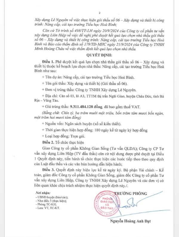 Một phần trong Quyết định phê duyệt KQLCNT Gói thầu Xây dựng và thiết bị, thuộc dự án Nâng cấp, cải tạo trường Tiểu học Hòa Bình. (Nguồn: MSC) anh-3.jpg