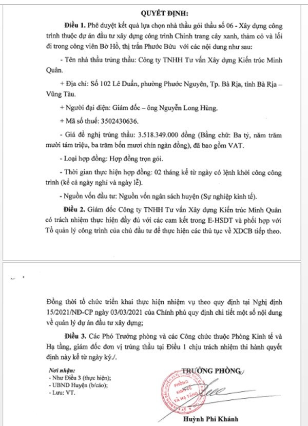 Một phần trong quyết định phê duyệt KQLCNT Gói thầu Xây dựng công trình, thuộc dự án Chỉnh trang cây xanh, thảm cỏ và lối đi trong công viên Bờ Hồ, thị trấn Phước Bửu. (Nguồn: MSC) minhquan-3.jpg