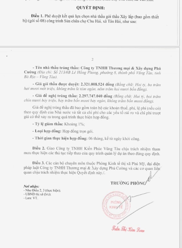 Một phần trong Quyết định phê duyệt KQLCNT Gói thầu Xây lắp (Bao gồm thiết bị), thuộc dự án Sửa chữa chợ Chu Hải, xã Tân Hải. (Nguồn: MSC) anh-3-7769.jpg