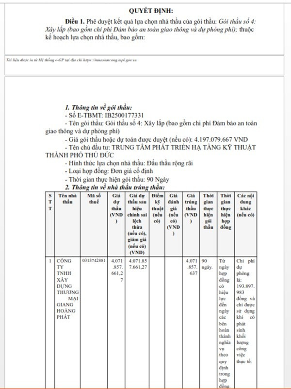 Một phần trong quyết định phê duyệt KQLCNT gói thầu số 4: Xây lắp (bao gồm chi phí Đảm bảo an toàn giao thông và dự phòng phí), thuộc dự án Nâng cấp hẻm 131 đường số 6, phường Linh Xuân. (Nguồn: MSC) thuduc-1.jpg