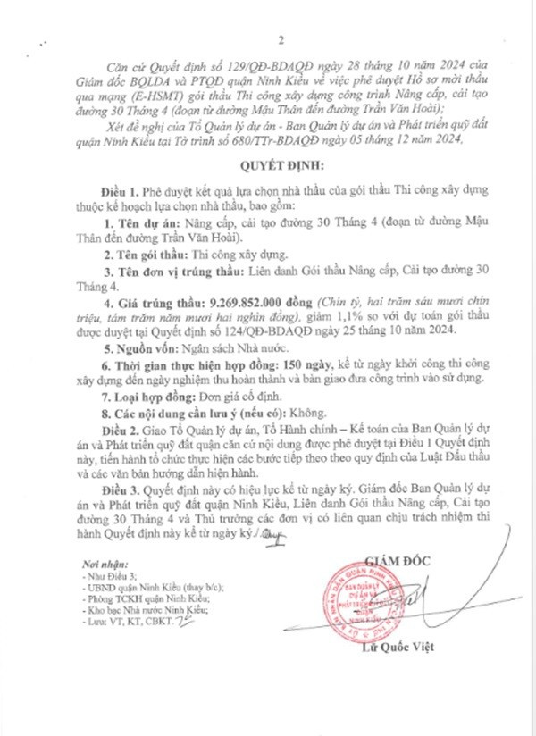 Một phần trong quyết định phê duyệt KQLCNT Gói thầu Thi công xây dựng, thuộc dự án Nâng cấp, cải tạo đường 30 Tháng 4 (đoạn từ đường Mậu Thân đến đường Trần Văn Hoài). (Nguồn: MSC) ninhkieu-3.jpg