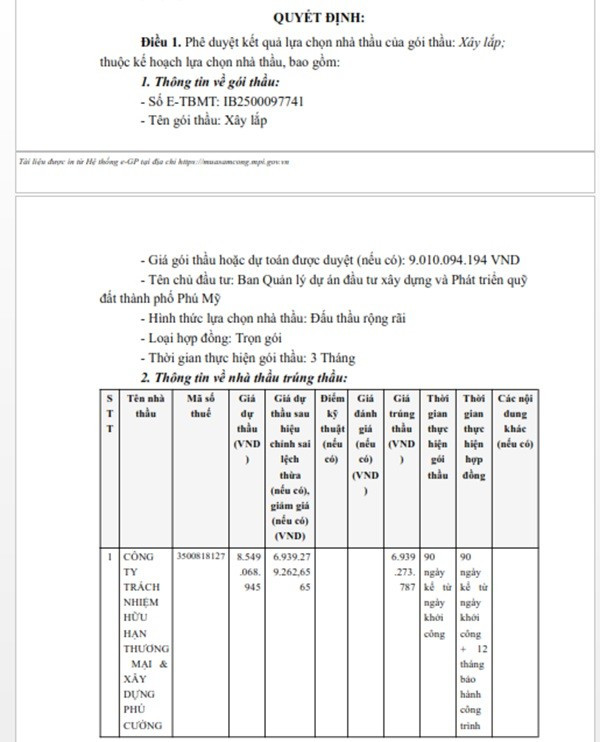 Một phần trong Quyết định phê duyệt KQLCNT gói thầu Xây lắp, thuộc dự án Sửa chữa trường Mầm non Tân Phước, trường Tiểu học Nguyễn Thị Định và trường THCS Tân Phước. (Nguồn: MSC) anh-1-1852.jpg